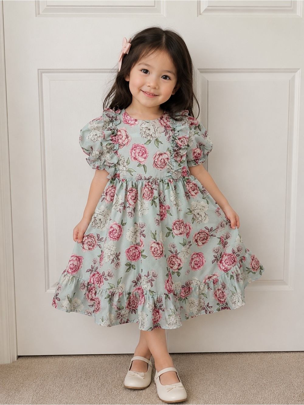 Girls Floral Ruffle Puff-Sleeve Dress in Light Blue and Pink